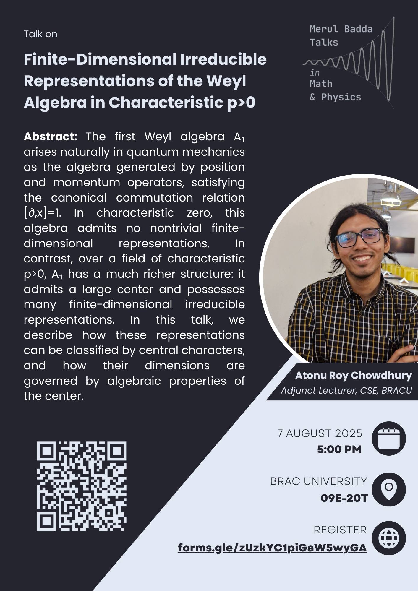 Poster for Finite-Dimensional Irreducible Representations of the Weyl Algebra in Characteristic $p>0$