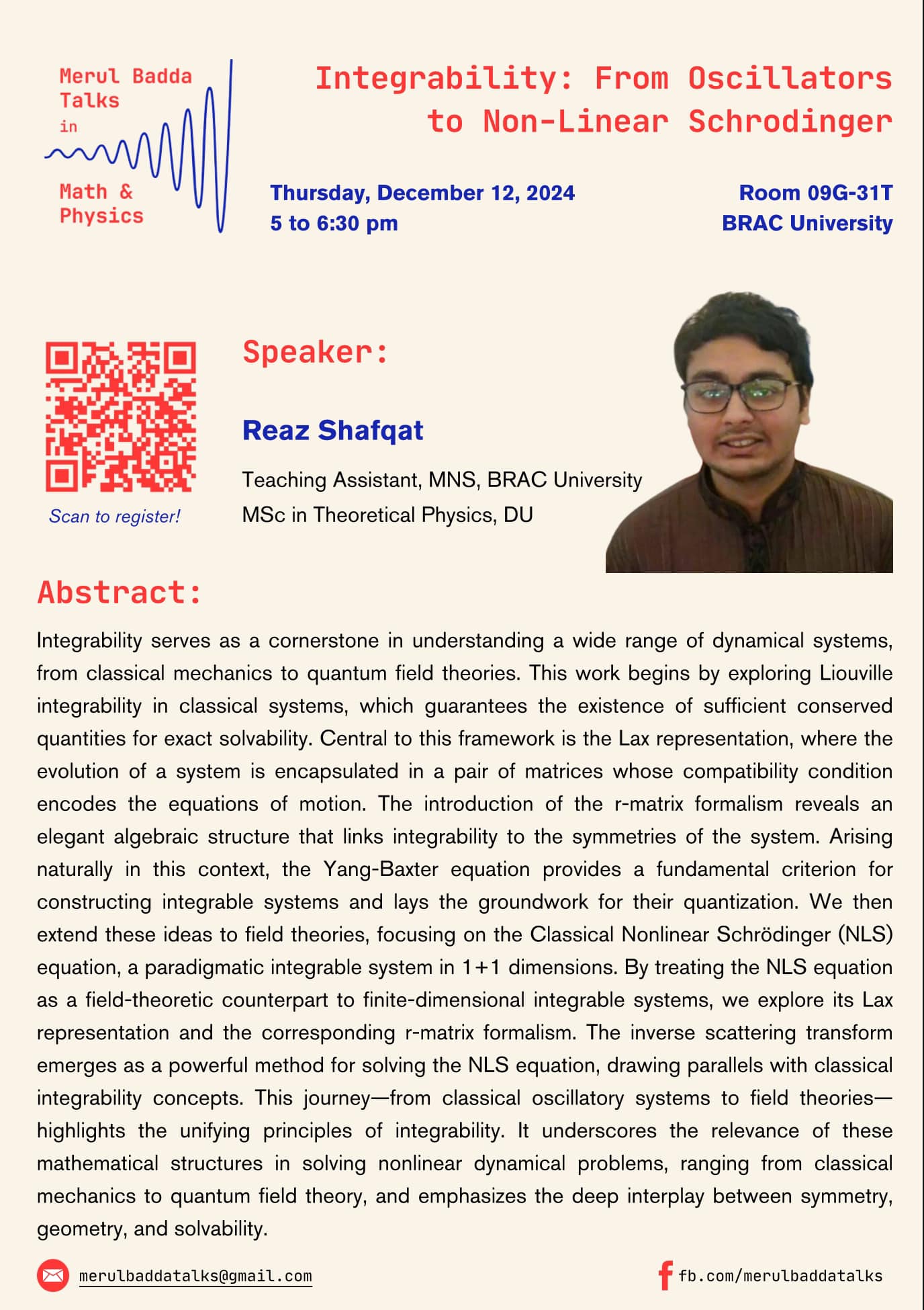 Poster for Integrability: From Oscillators to Non-Linear Schrödinger